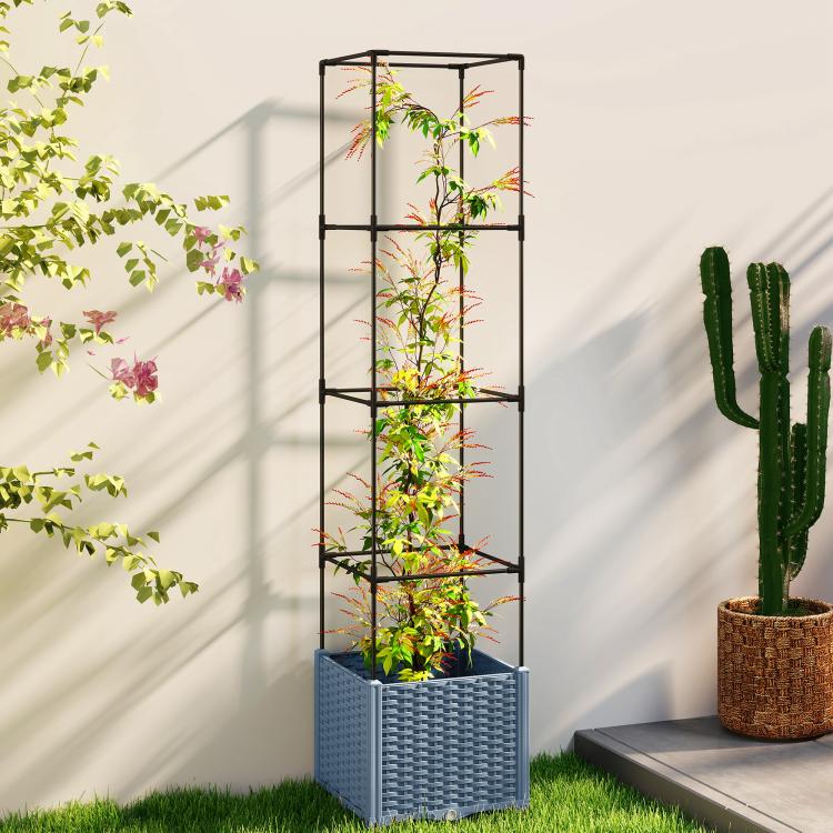 Wheeled raised garden planter with black trellis and leafy green plant in gray box