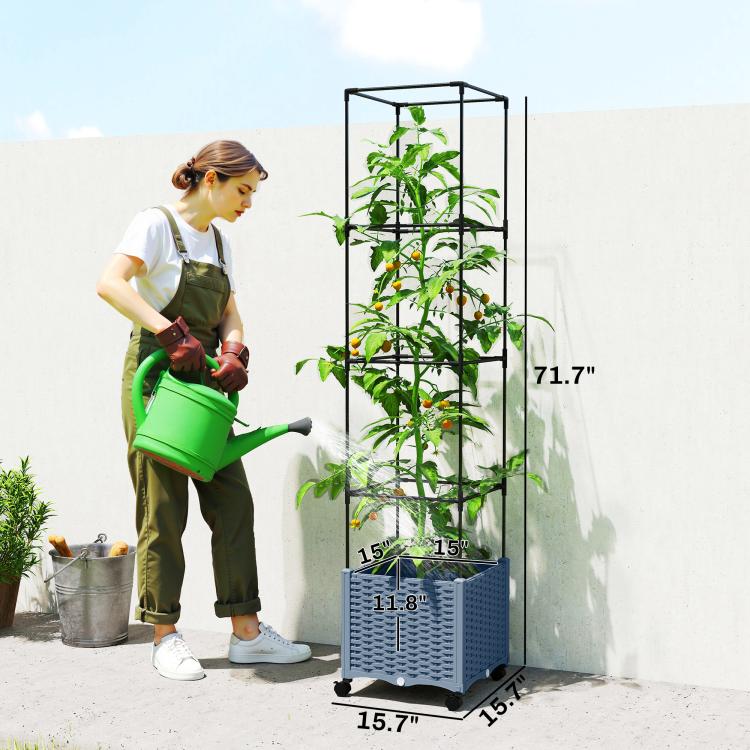 Tall wheeled raised planter with black trellis and green plants, ready for watering