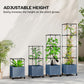 Multiple wheeled raised planters with adjustable black trellises and green climbing plants