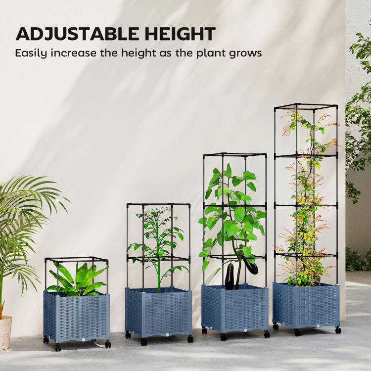 Multiple wheeled raised planters with adjustable black trellises and green climbing plants