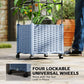 Front view of gray woven raised planter box on wheels with black trellis frame