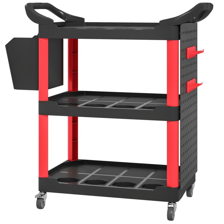Black and red 3-tier rolling tool cart with side shelf, perforated storage panel, and caster wheels