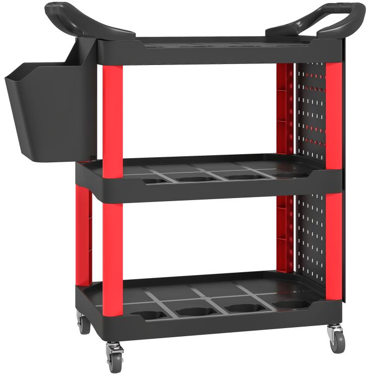3-tier rolling tool cart with black shelves, red frame, side storage bucket, caster wheels
