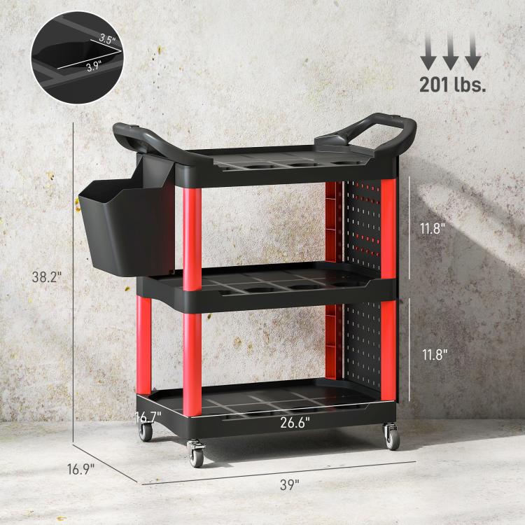 3-tier rolling tool cart in black with red legs and side handles, three shelves and caster base