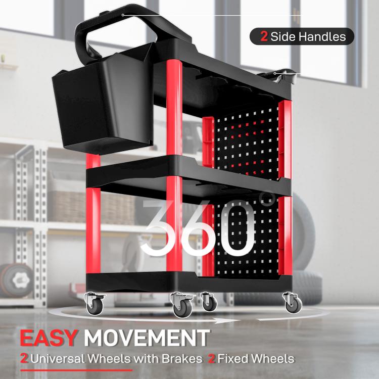 Black/red rolling tool cart with two side handles, perforated panels, and three-tier shelving