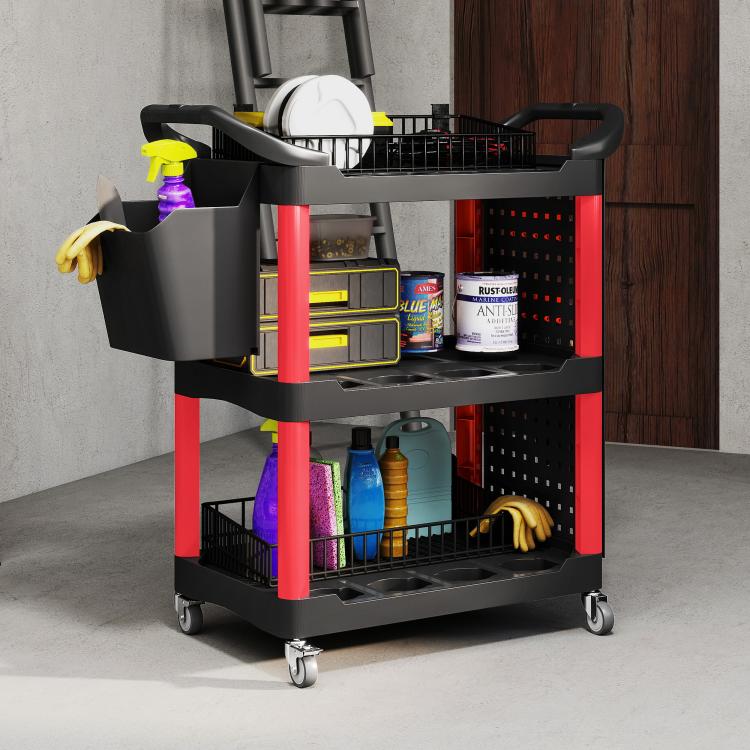 Black/red 3-tier rolling tool cart with side bucket and shelves holding supplies