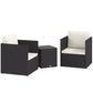 Folding wicker bistro set with two dark armchairs and square table, angled view