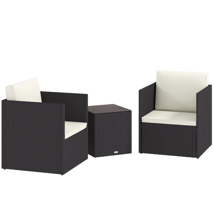 Folding wicker bistro set with two dark armchairs and square table, angled view