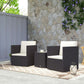 3-piece wicker bistro set with two dark woven chairs and cream seat cushions