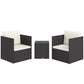 3-piece wicker bistro set with two dark armchairs and a square side table