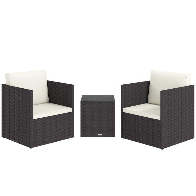 3-piece wicker bistro set with two dark armchairs and a square side table