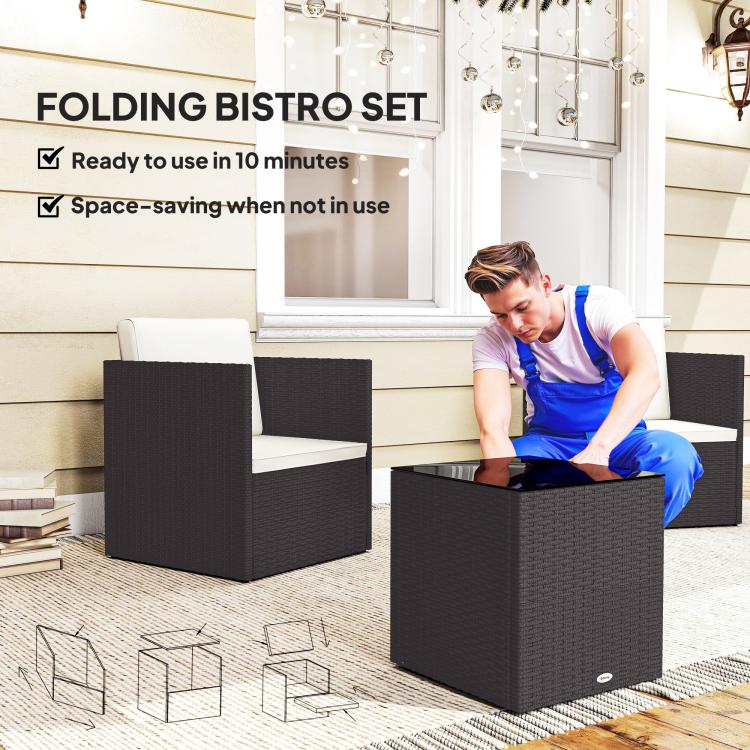 3-piece wicker bistro set with two armchairs and square table, folded base