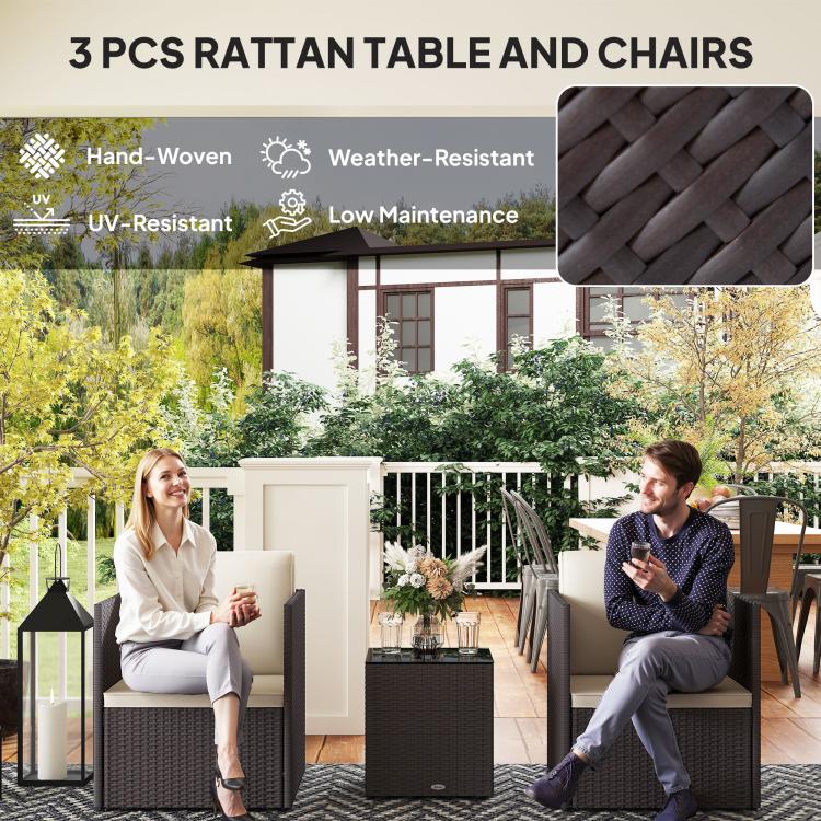 Wicker bistro set with two armchairs and square table, dark woven frame