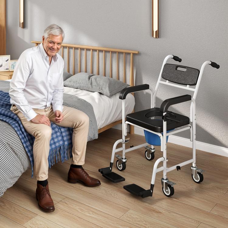 Rolling bedside commode chair with black seat, backrest, arms, and four caster wheels