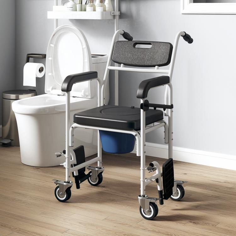 Rolling bedside commode chair with black seat and backrest, arms, and caster wheels
