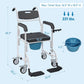 Rolling commode chair with black seat and backrest, blue waste pail, and caster wheels