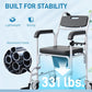 Lightweight rolling commode chair with aluminum frame, black seat, backrest, and caster wheels