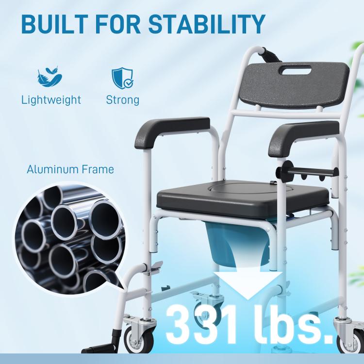 Lightweight rolling commode chair with aluminum frame, black seat, backrest, and caster wheels