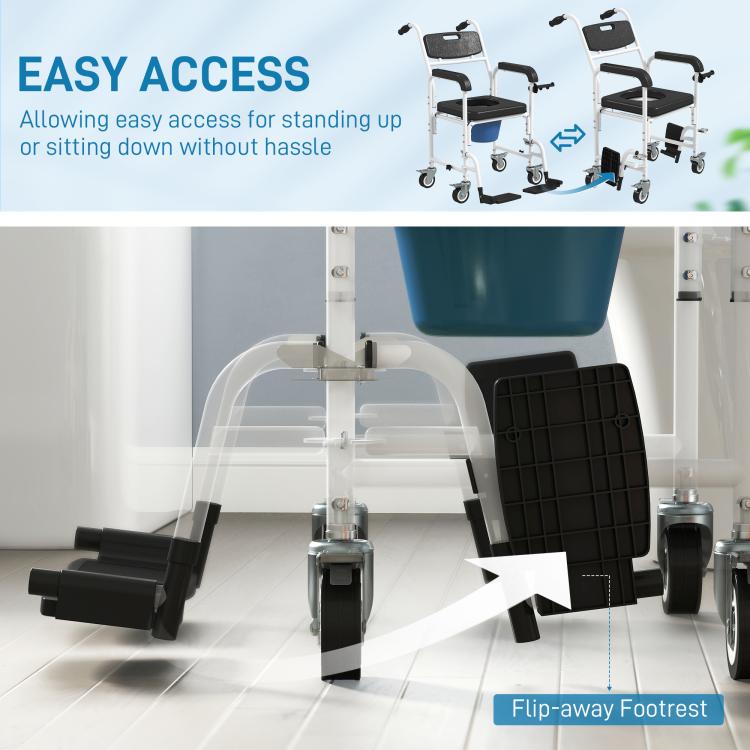 Commode chair with flip-away footrest and black seat, backrest, and caster wheels