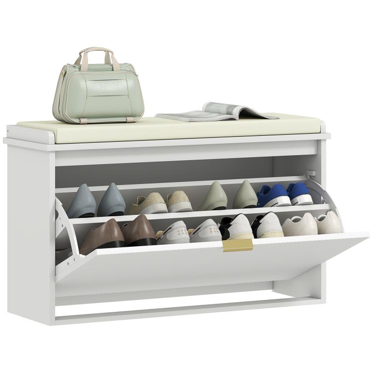 White shoe storage bench with padded seat and open flip drawer, holding multiple shoes