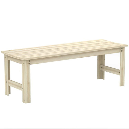 Backless 2-seat wood garden bench with slatted top and sturdy side frames