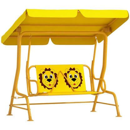 Yellow kids swing chair with adjustable canopy and cartoon bear seat panel