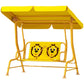 Yellow kids swing chair with canopy over two-seat frame and cartoon bear panel