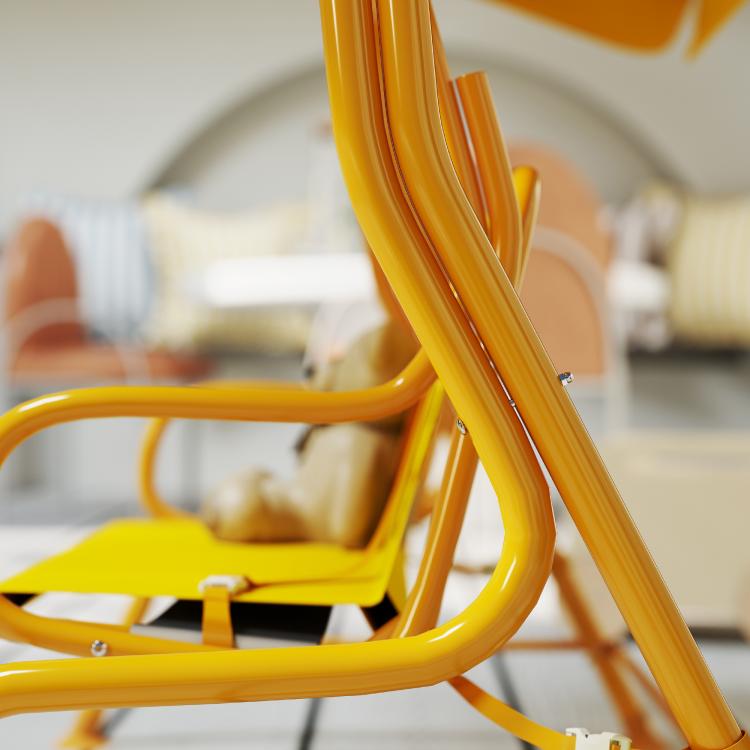 Yellow kids patio swing chair with adjustable canopy and safety belt, close-up frame