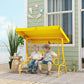 Yellow kids swing chair with adjustable canopy and cartoon bear seat panel