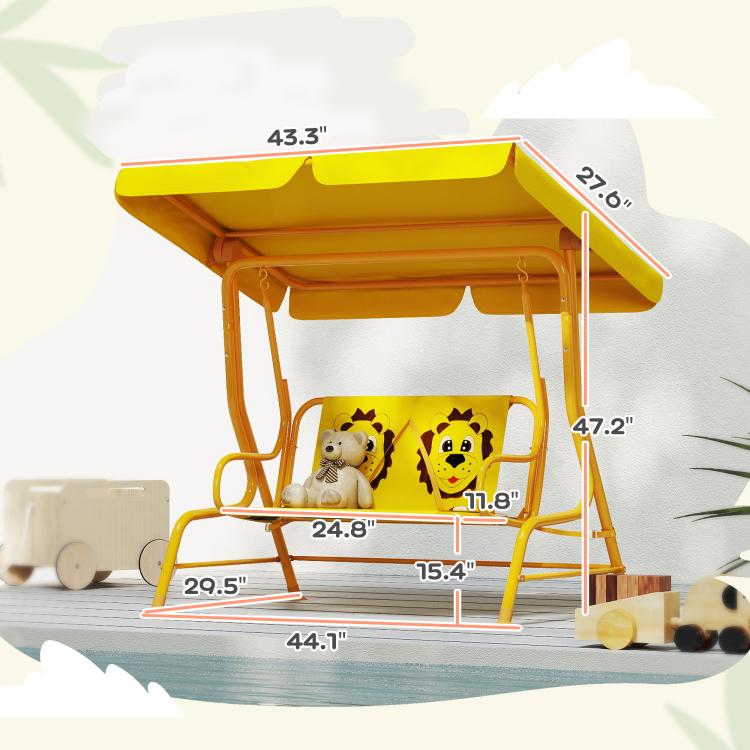 Yellow kids swing chair with adjustable canopy, shown with size measurements