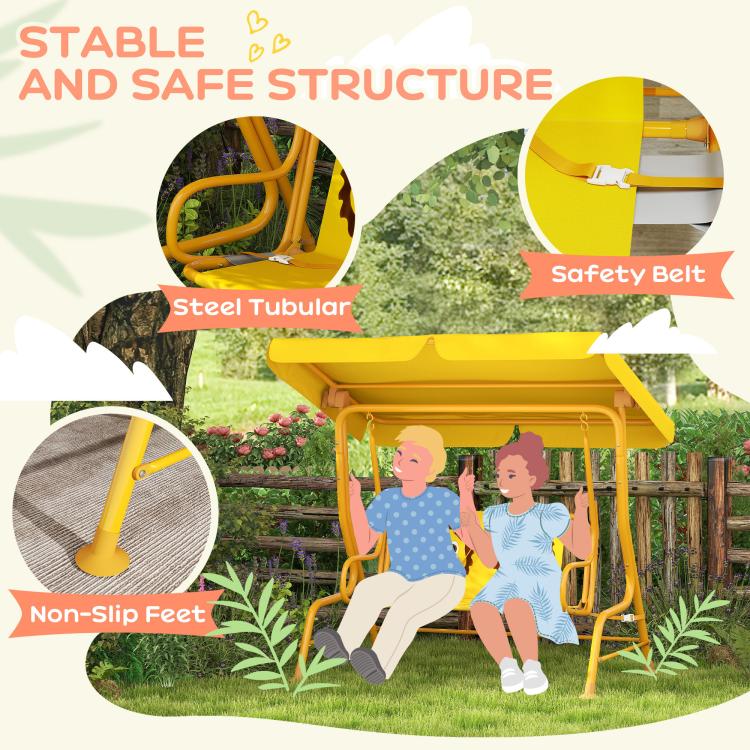 Yellow kids swing chair with safety belt, steel tube frame, and non-slip feet