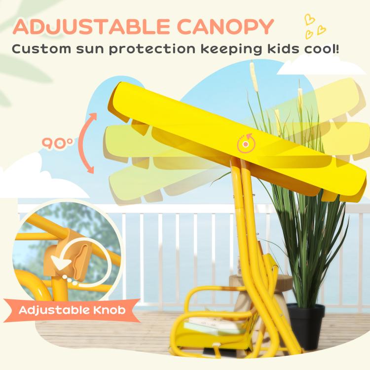 Yellow adjustable canopy for kids swing chair, shown from side with knob