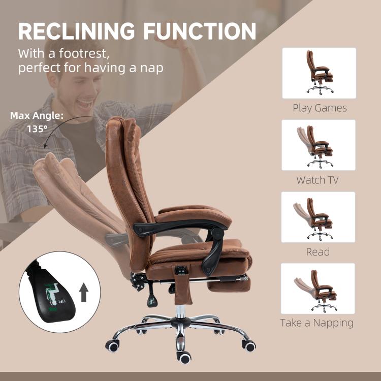 Brown massage recliner office chair with footrest, padded arms, and rolling base