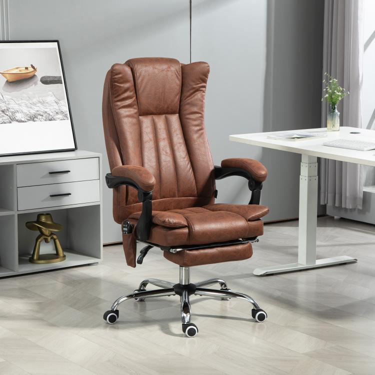 Brown padded massage office chair with wide back, armrests, and rolling base
