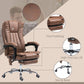 Brown massage office chair with microfiber-look upholstery, thick padding, and casters