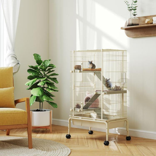 Beige rolling small animal cage with wire sides and multi-level platforms, indoors
