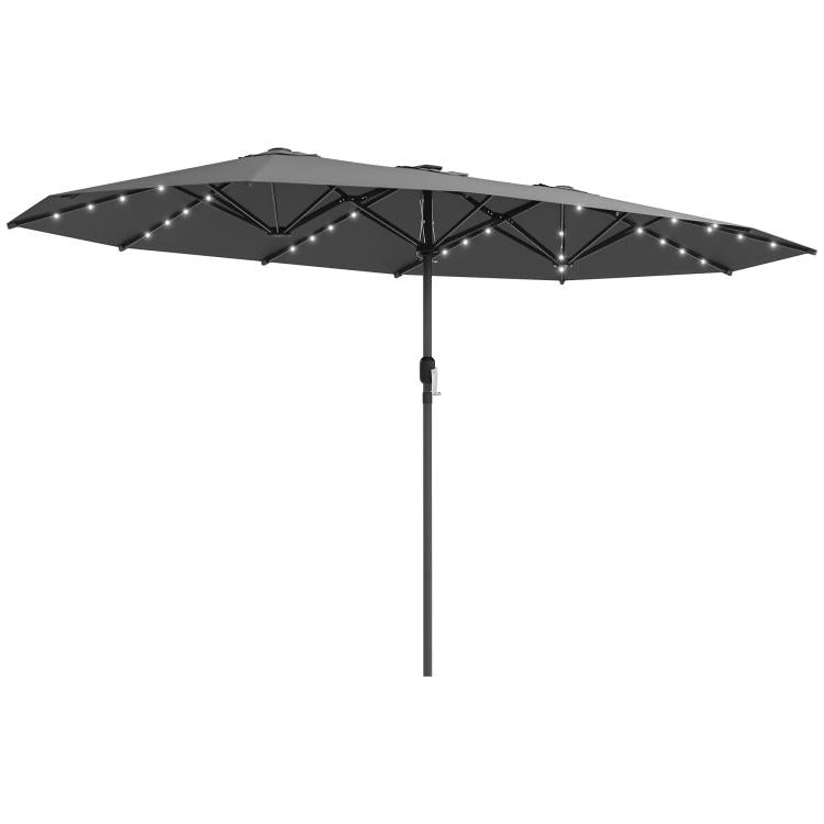 Gray patio parasol with LED string lights and center pole