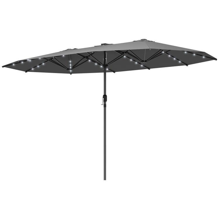 Gray patio parasol canopy with LED string lights and center pole