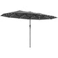 Gray patio sun umbrella with LED lights along canopy edge and ribs