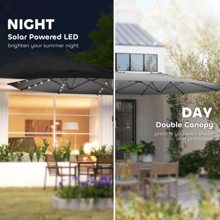 Gray patio parasol with solar powered LED lights for night