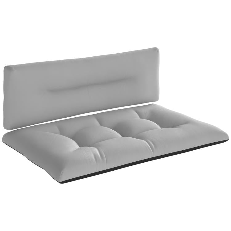 Light gray tufted pallet cushion set with backrest and seat, thick padding