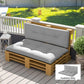 Light gray thick tufted pallet cushion set shown on a wooden bench base