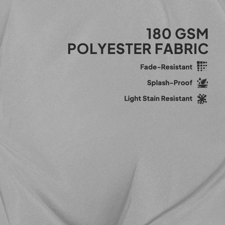 Light gray polyester cushion fabric close-up with smooth, tufted texture