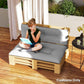 Light gray thick tufted pallet cushion set with backrest and seat on deck