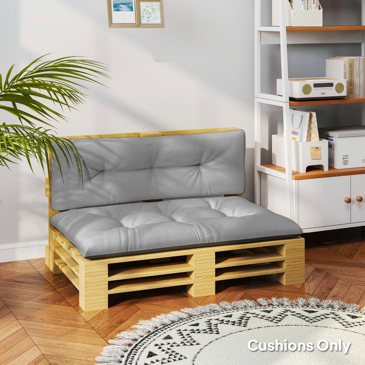 Light gray tufted outdoor pallet cushion set with backrest and seat, cushions only