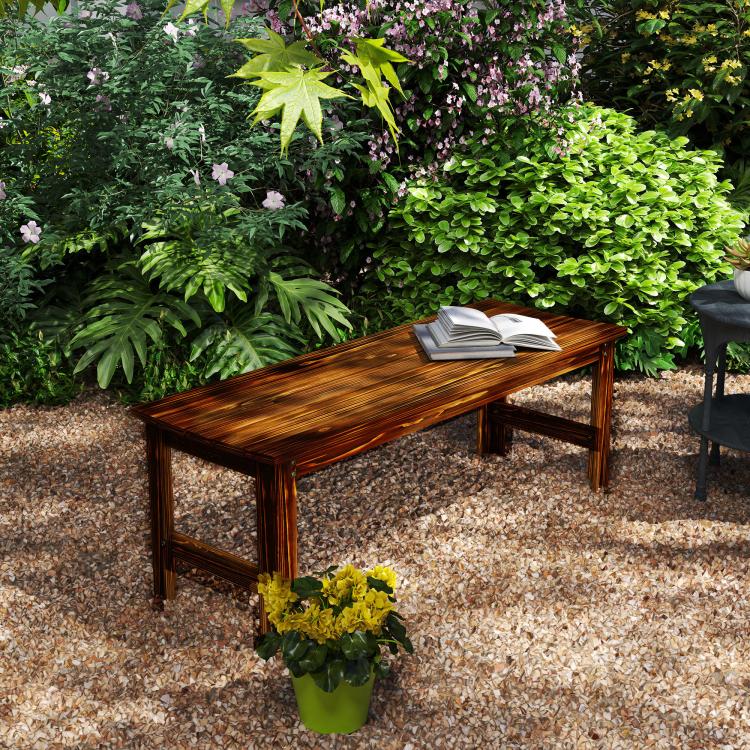 Backless outdoor wood bench with slatted seat and armrests, dark brown