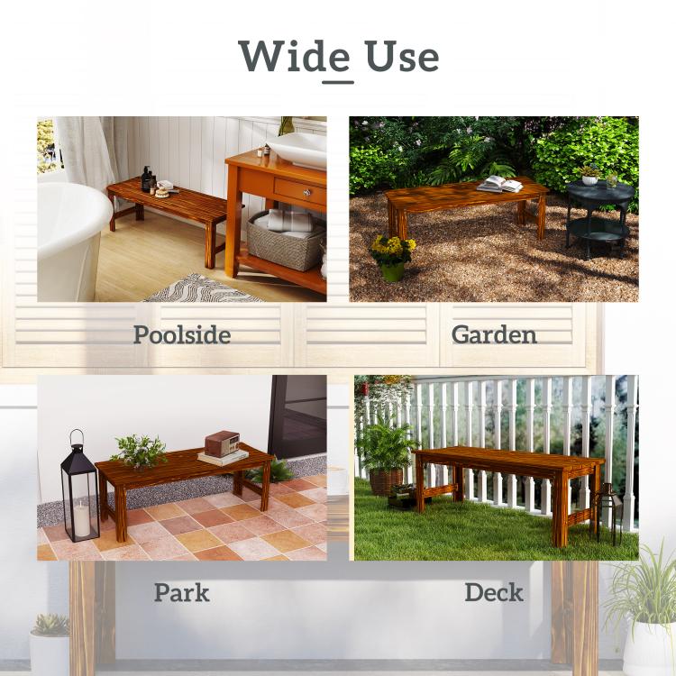Backless wooden bench with slatted seat, dark brown, shown in outdoor settings