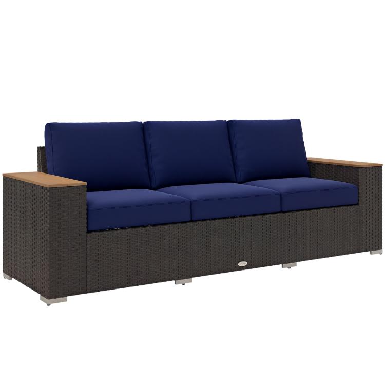 3-seat outdoor sofa with navy cushions and dark gray PE wicker frame, wide arms