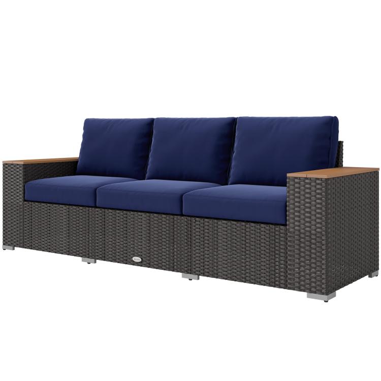 3-seat patio sofa with navy seat cushions and dark gray wicker body, wide square arms
