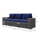 3-seat outdoor sofa with navy seat cushions, dark gray PE wicker frame, wood armrests